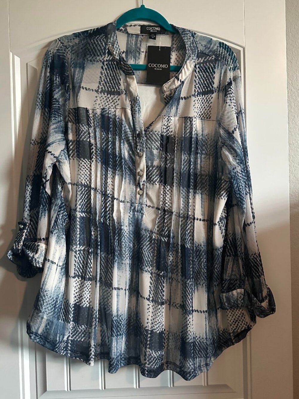 Cocomo Blue/White Pleated Top 2X